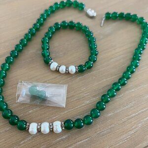 2 Green Emerald Chalcedony Beaded Sets w White Freshwater Pearls and 925 Clasp